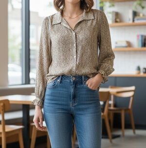 Vince Camuto Beige Button Blouse with Gold Metallic Dots Print Long Sleeve